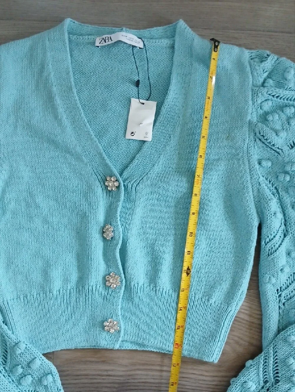 Zara Blue Jewel Button Cardigan Medium Textured Puff Sleeve Knit Sweater NWT - Picture 5 of 6